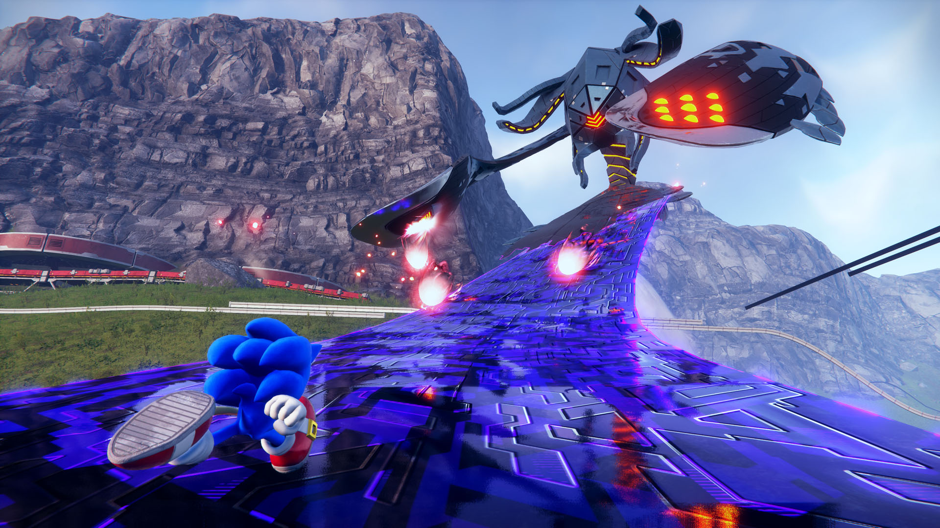 Sonic runs up a purple transparent road toward a large high-tech ship that shoots lasers at him.